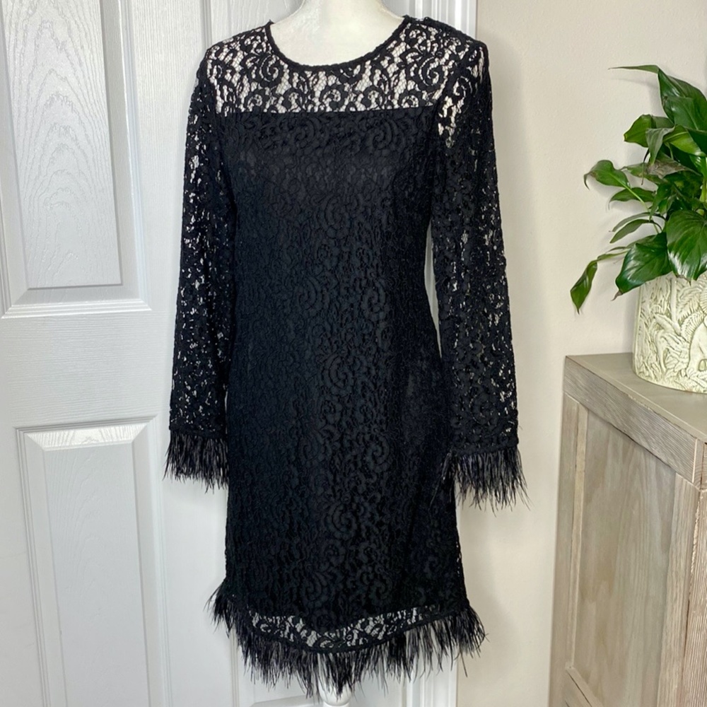 Calvin Klein Black Lace Overlay Sheer Arms/Neckline Feather Trim Dress Size 4